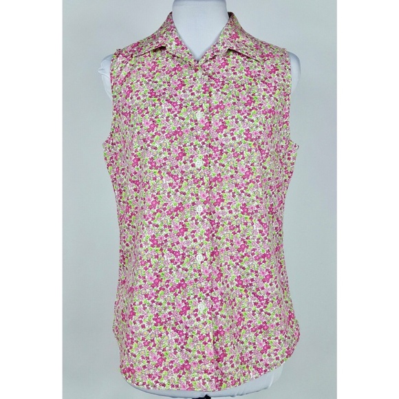 Pink & Green Floral Top M Sleeveless Button Front - Picture 2 of 8